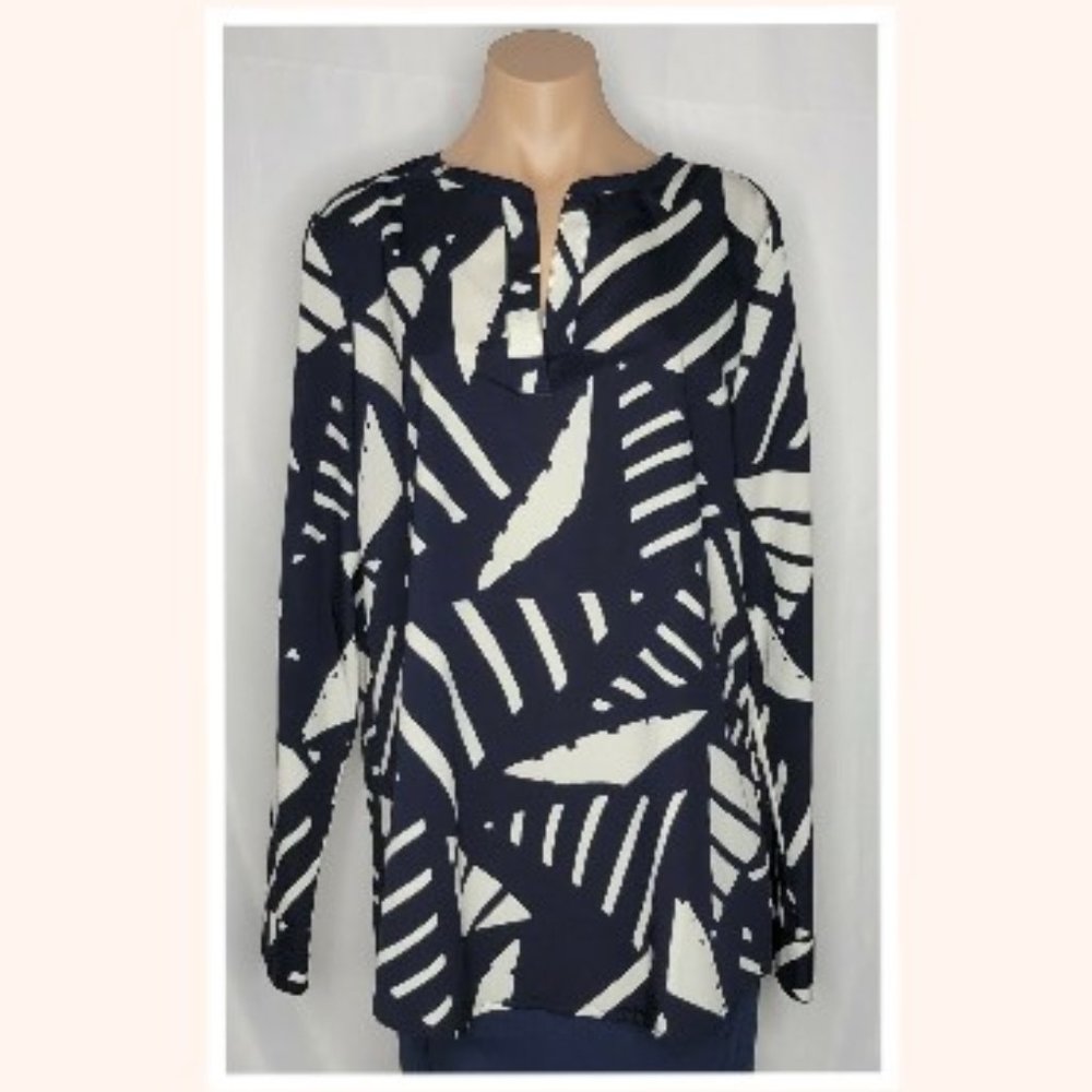 Lauren Ralph Lauren Navy Blue and Ivory Geometric Print Tunic Blouse Size L
